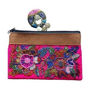 Mayan Hot pink beaded embroidered makeup bag suede top and matching pin
